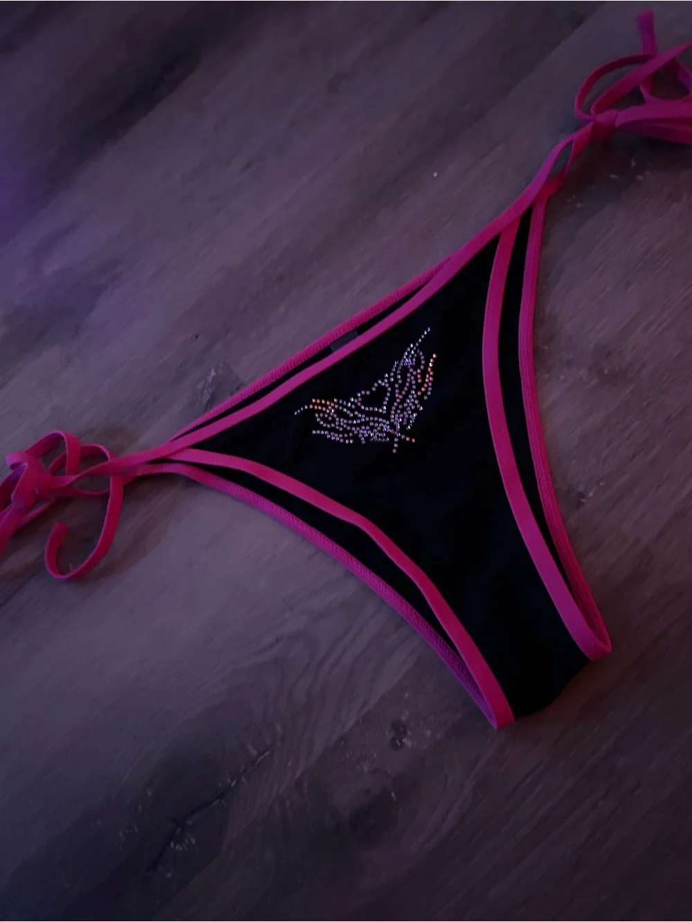 Black & Hot Pink Rhinestone cybersigilism Y2KTriangle Bikini Bottom - Women Swim